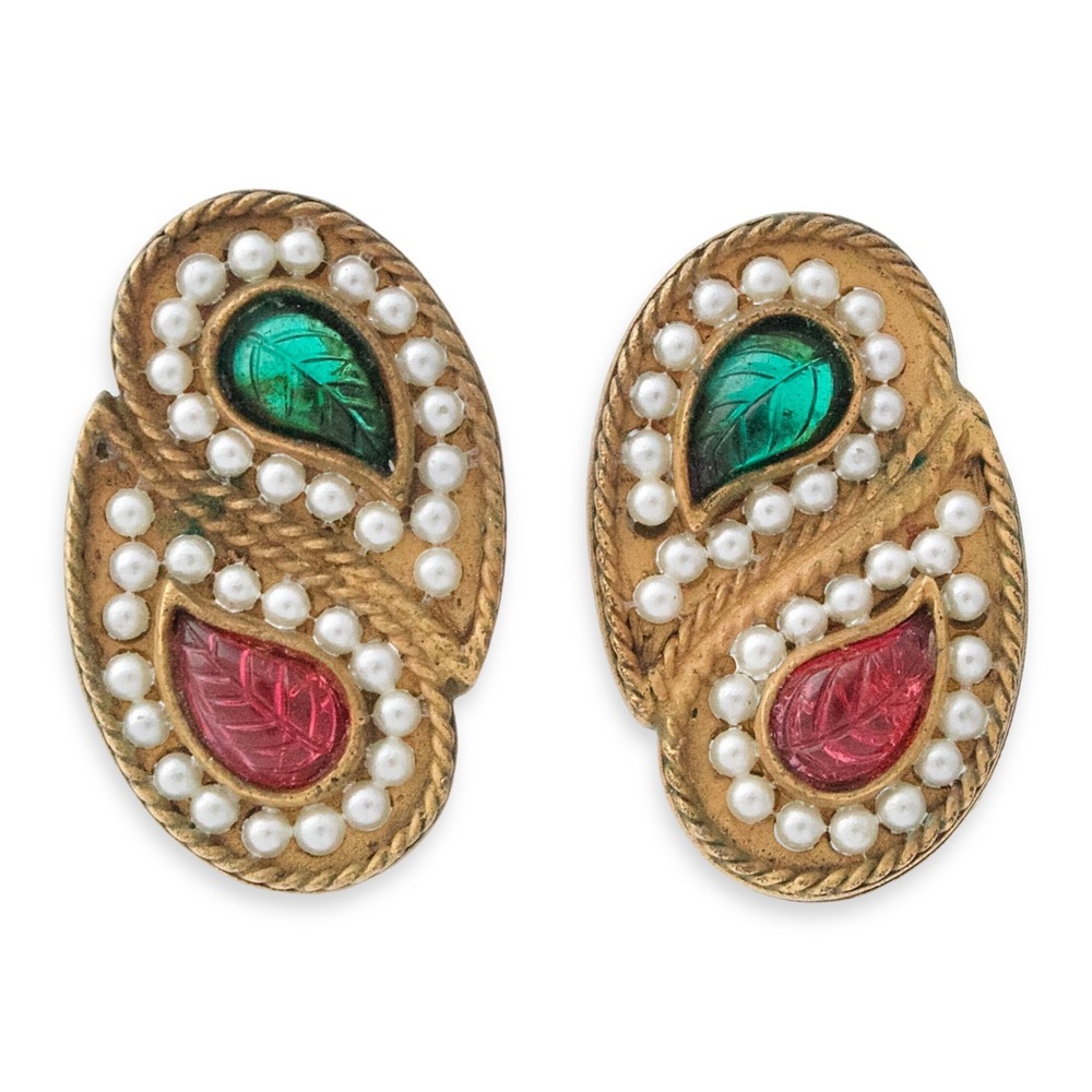Vintage Kenneth Jay Lane Paisley Clip On Earrings Mughal Style Glass Brass 1960s